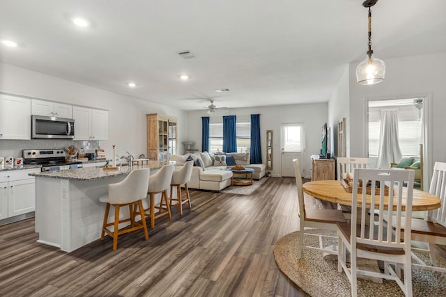 121 Rubrum Rd, Kyle, TX 78640 - kitchen featuring stainless steel appliances, a ceiling fan, dark wood-style floors, white cabinets, and recessed lighting