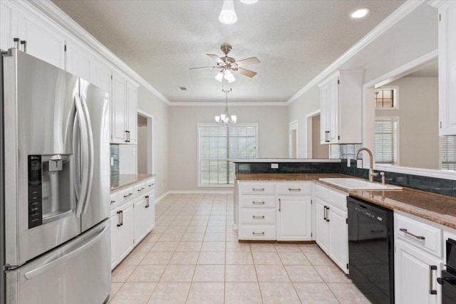 3609 Walter Ln, Belton, TX 76513 - kitchen featuring stainless steel fridge with ice dispenser, black dishwasher, a sink, white cabinetry, and a ceiling fan