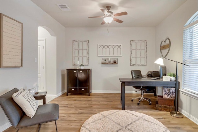 167 Limestone Trl Unit 76, Austin, TX 78737 - office space with arched walkways, light wood-style floors, a ceiling fan, and healthy amount of natural light