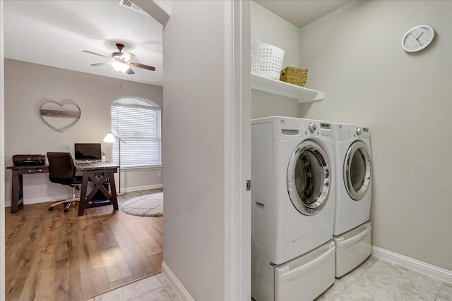 167 Limestone Trl Unit 76, Austin, TX 78737 - washroom with washer and clothes dryer, a ceiling fan, an office area, and baseboards