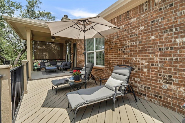 167 Limestone Trl Unit 76, Austin, TX 78737 - wooden terrace with an outdoor hangout area and a ceiling fan