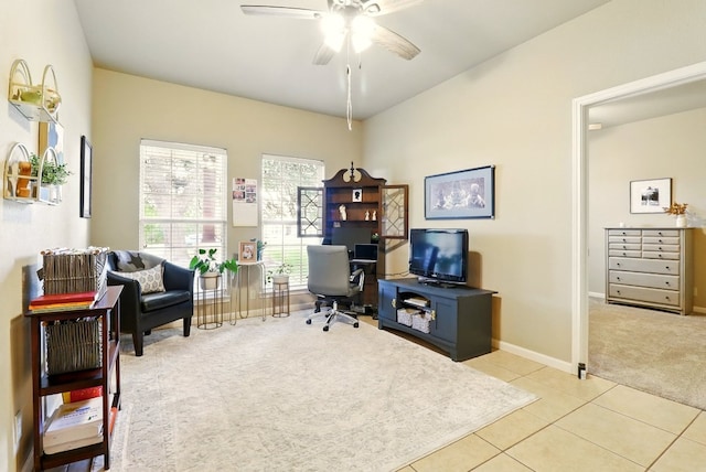 529 Honeycomb Cir, Driftwood, TX 78619 - carpeted office space with tile patterned floors, a ceiling fan, and baseboards