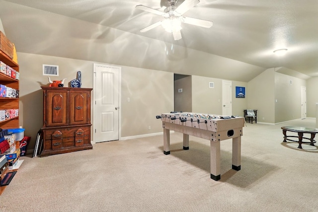 529 Honeycomb Cir, Driftwood, TX 78619 - game room featuring light colored carpet, lofted ceiling, a ceiling fan, and baseboards
