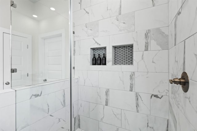 155 Denali Dr, Kyle, TX 78640 - bathroom with a shower stall and recessed lighting