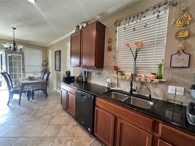 12400 Britannic Dr, Austin, TX 78753 - kitchen featuring dishwasher, crown molding, a sink, a chandelier, and backsplash