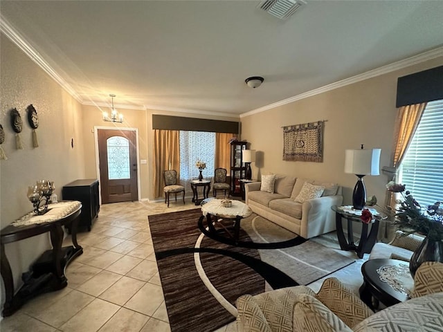 12400 Britannic Dr, Austin, TX 78753 - living room with ornamental molding, light tile patterned floors, and a chandelier