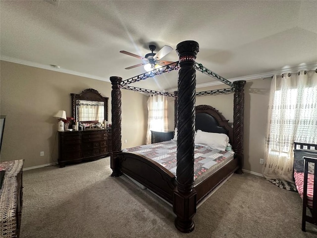 12400 Britannic Dr, Austin, TX 78753 - bedroom with multiple windows, ornamental molding, carpet flooring, a ceiling fan, and baseboards