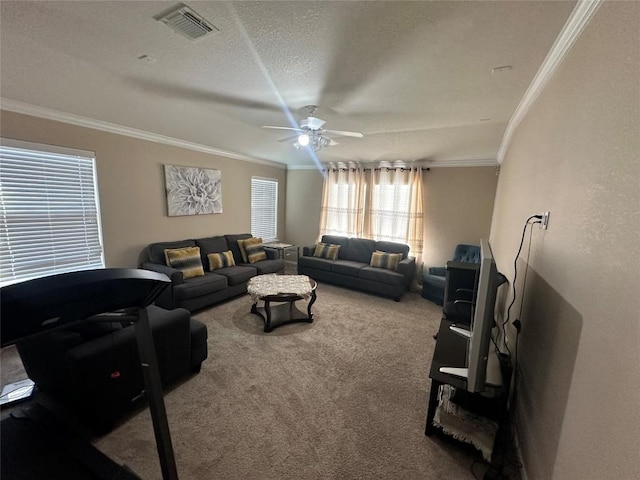 12400 Britannic Dr, Austin, TX 78753 - living area featuring crown molding, carpet flooring, a ceiling fan, and a textured ceiling