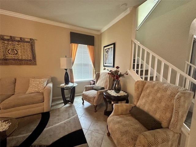 12400 Britannic Dr, Austin, TX 78753 - tiled living room featuring ornamental molding, stairway, and baseboards
