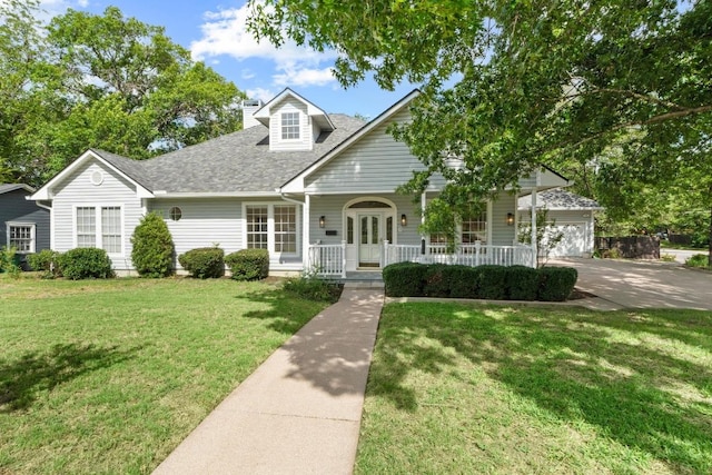 6008 Woodview Ave, Austin, TX 78757 - view of front facade featuring a porch, a front lawn, roof with shingles, concrete driveway, and a chimney