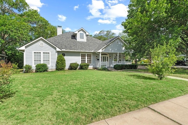 6008 Woodview Ave, Austin, TX 78757 - cape cod home featuring covered porch, a front lawn, a chimney, and a shingled roof