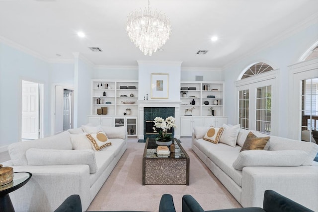 6008 Woodview Ave, Austin, TX 78757 - living area with crown molding, a chandelier, recessed lighting, and light colored carpet
