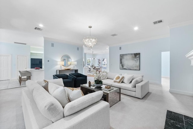 6008 Woodview Ave, Austin, TX 78757 - living room with ornamental molding, a chandelier, and recessed lighting