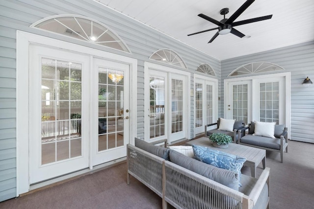 6008 Woodview Ave, Austin, TX 78757 - sunroom / solarium featuring french doors, outdoor lounge area, a ceiling fan, and healthy amount of natural light