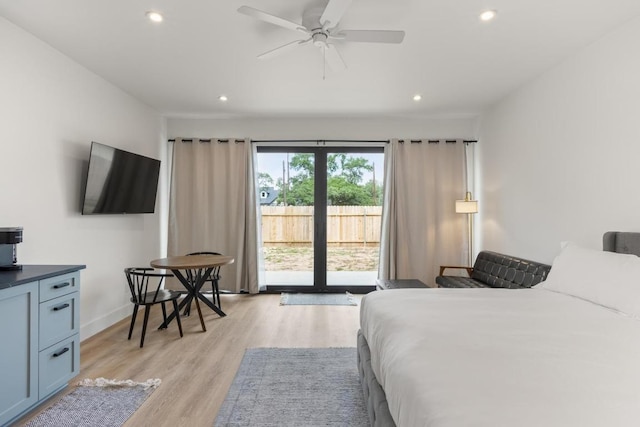 219 S Bluff St, Dripping Springs, TX 78620 - bedroom featuring access to outside, recessed lighting, light wood-style floors, and baseboards