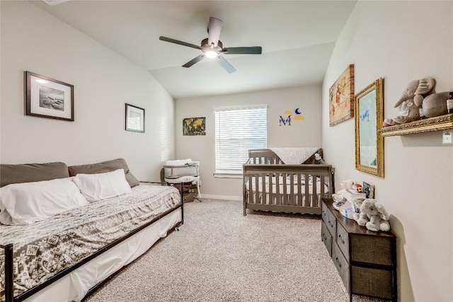 3204 Mount Vernon Ave, Lago Vista, TX 78645 - bedroom with vaulted ceiling, carpet floors, ceiling fan, and baseboards