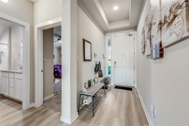 3204 Mount Vernon Ave, Lago Vista, TX 78645 - foyer featuring light wood-style floors, baseboards, ceiling fan, and a tray ceiling