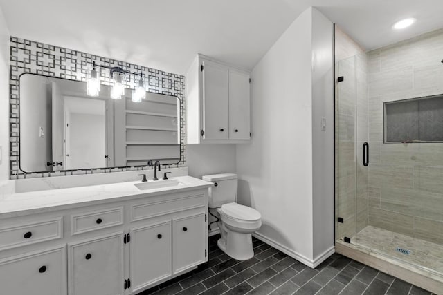 801 Lime Rock Dr, Round Rock, TX 78681 - bathroom with vanity, a stall shower, tile patterned flooring, and recessed lighting