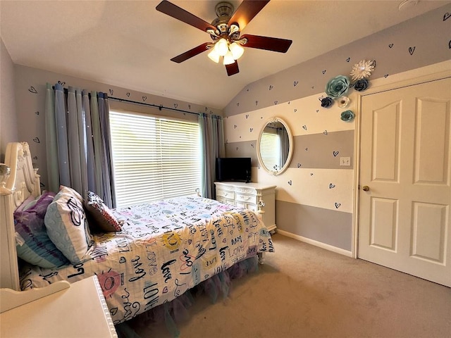 404 Autumn Trl, Georgetown, TX 78626 - bedroom with light carpet, lofted ceiling, a ceiling fan, and baseboards