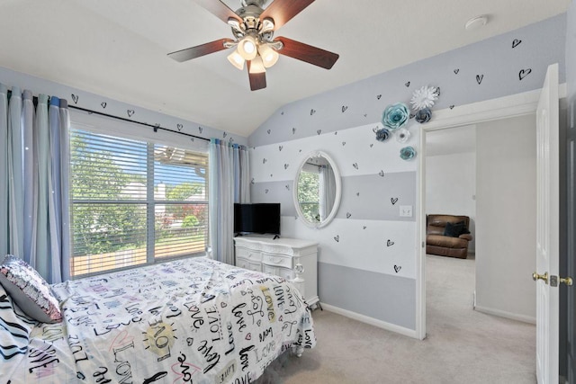 404 Autumn Trl, Georgetown, TX 78626 - bedroom with light carpet, vaulted ceiling, and ceiling fan