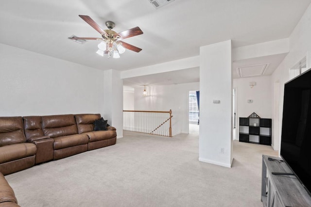 404 Autumn Trl, Georgetown, TX 78626 - living room with attic access, light carpet, and a ceiling fan