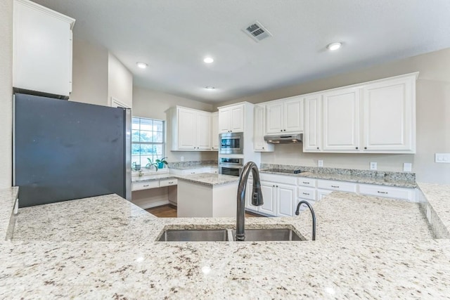 518 Clear Creek Ln, Dripping Springs, TX 78620 - kitchen featuring stainless steel appliances, a sink, light stone counters, white cabinets, and recessed lighting