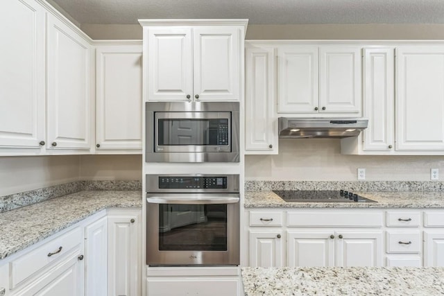 518 Clear Creek Ln, Dripping Springs, TX 78620 - kitchen with stainless steel appliances, under cabinet range hood, white cabinets, and light stone countertops
