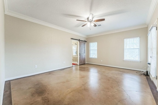 518 Clear Creek Ln, Dripping Springs, TX 78620 - unfurnished room with concrete flooring, ceiling fan, baseboards, ornamental molding, and a textured ceiling