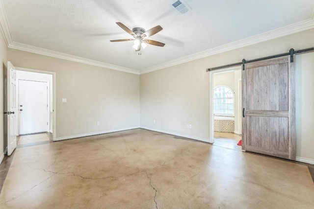 518 Clear Creek Ln, Dripping Springs, TX 78620 - spare room with concrete flooring, a ceiling fan, baseboards, crown molding, and a barn door