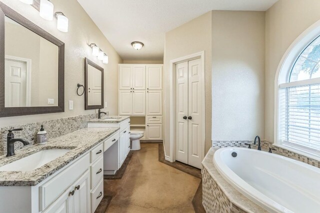 518 Clear Creek Ln, Dripping Springs, TX 78620 - bathroom with double vanity, a garden tub, a closet, and toilet