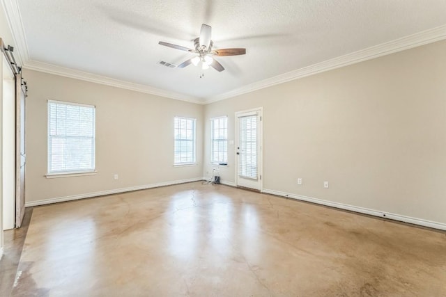 518 Clear Creek Ln, Dripping Springs, TX 78620 - unfurnished room featuring concrete floors, ornamental molding, a ceiling fan, a barn door, and a textured ceiling