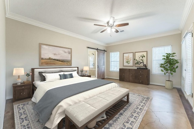 518 Clear Creek Ln, Dripping Springs, TX 78620 - bedroom with ornamental molding, baseboards, a ceiling fan, a barn door, and a textured ceiling