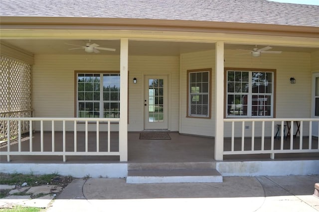 518 Clear Creek Ln, Dripping Springs, TX 78620 - view of exterior entry featuring ceiling fan, a shingled roof, and a porch