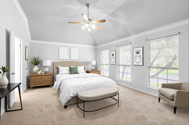 10701 Redmond Rd, Austin, TX 78739 - bedroom with lofted ceiling, light colored carpet, ornamental molding, and ceiling fan