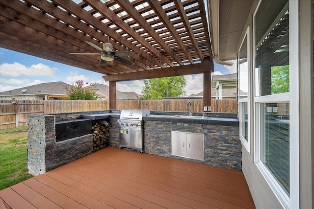 1013 S San Marcos St, Manor, TX 78653 - wooden deck with a fenced backyard, area for grilling, a ceiling fan, and a pergola