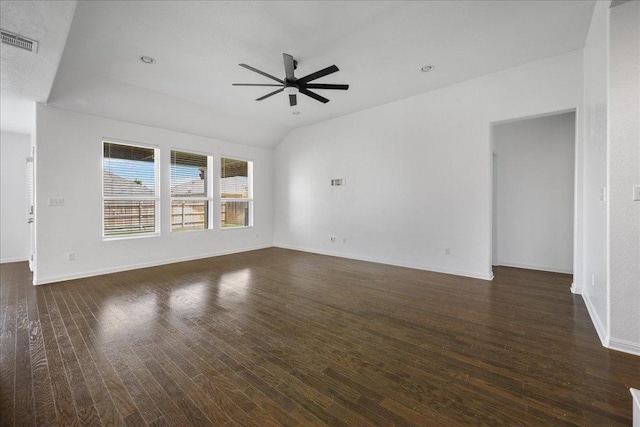 1013 S San Marcos St, Manor, TX 78653 - unfurnished living room featuring ceiling fan, dark wood-style floors, and lofted ceiling