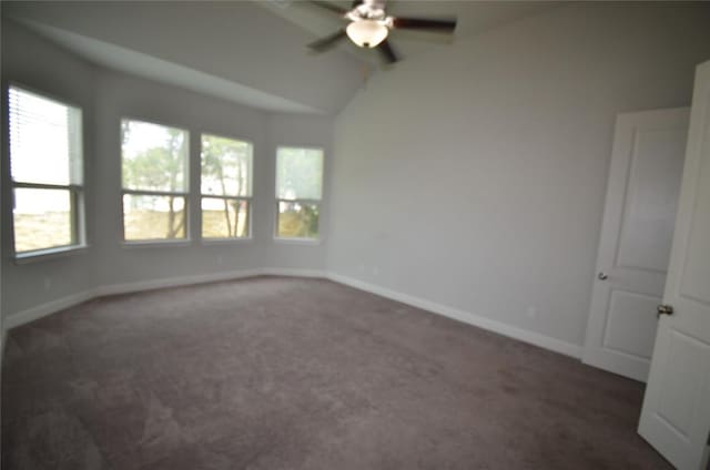 121 Bright Valley Way, Austin, TX 78737 - unfurnished room featuring healthy amount of natural light, dark colored carpet, lofted ceiling, a ceiling fan, and baseboards
