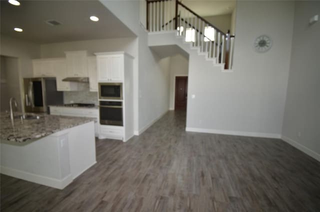121 Bright Valley Way, Austin, TX 78737 - kitchen featuring stainless steel appliances, a sink, baseboards, dark wood-type flooring, and recessed lighting