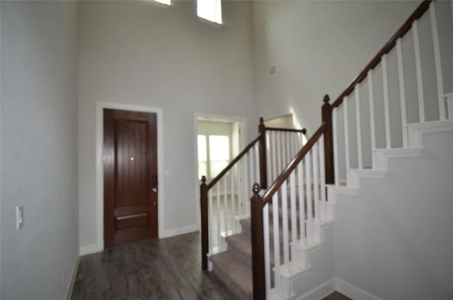 121 Bright Valley Way, Austin, TX 78737 - foyer entrance with a high ceiling, stairs, baseboards, and wood finished floors