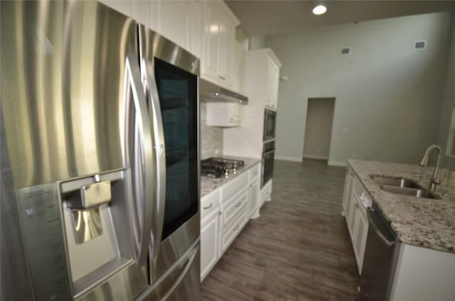 121 Bright Valley Way, Austin, TX 78737 - kitchen with appliances with stainless steel finishes, a sink, under cabinet range hood, white cabinetry, and light stone counters