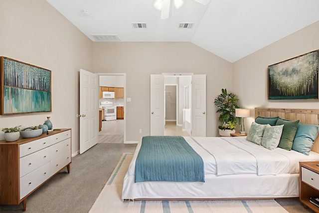 117 Kerley Dr, Hutto, TX 78634 - bedroom with light carpet, lofted ceiling, and a ceiling fan