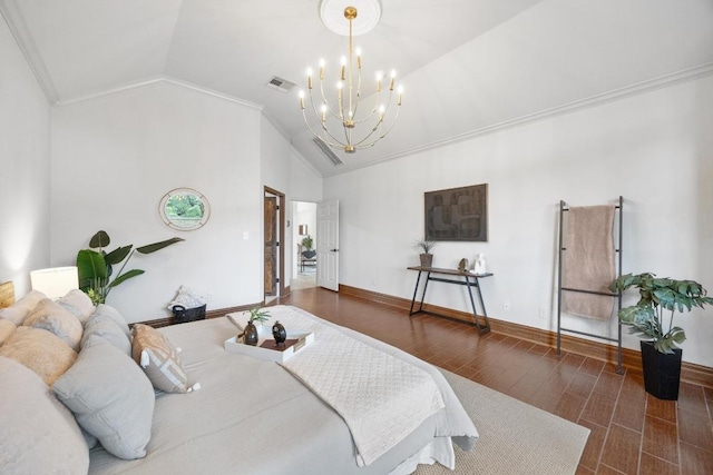 15901 Double Eagle Dr, Austin, TX 78717 - bedroom with lofted ceiling, ornamental molding, a chandelier, baseboards, and wood finished floors