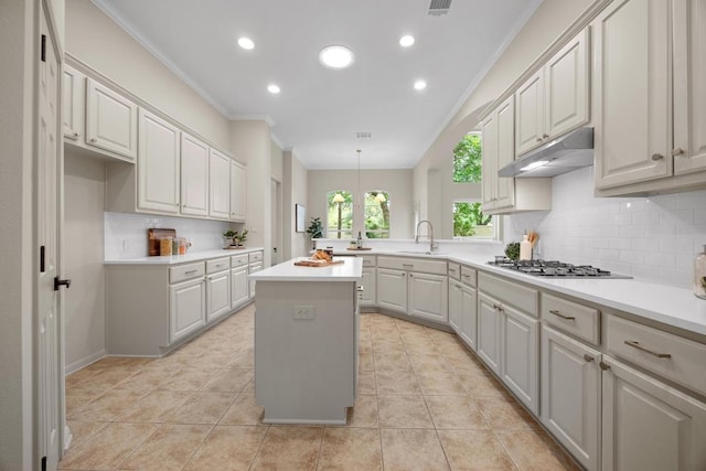 15901 Double Eagle Dr, Austin, TX 78717 - kitchen with under cabinet range hood, ornamental molding, a sink, decorative backsplash, and a center island
