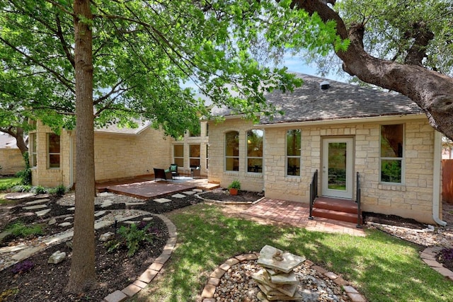 15901 Double Eagle Dr, Austin, TX 78717 - back of property featuring a patio area, roof with shingles, and stone siding