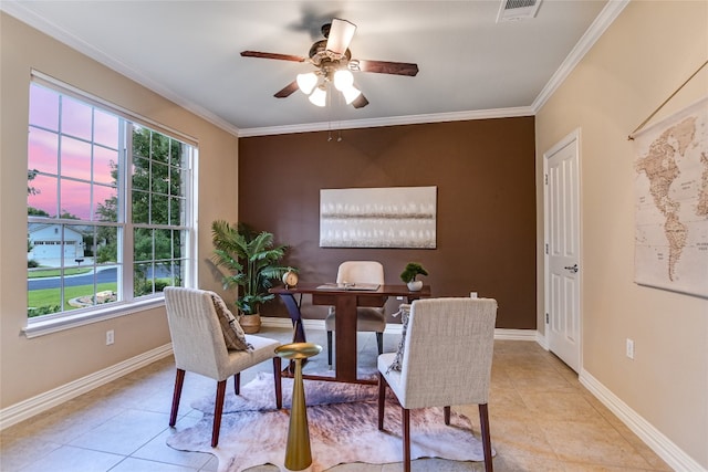 107 Apache Mountain Ln, Georgetown, TX 78633 - home office featuring light tile patterned floors, crown molding, and a ceiling fan