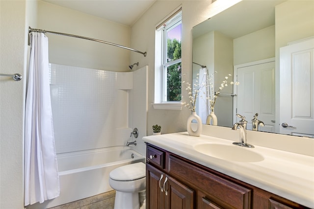 107 Apache Mountain Ln, Georgetown, TX 78633 - full bathroom with vanity, shower / tub combo with curtain, toilet, and tile patterned floors