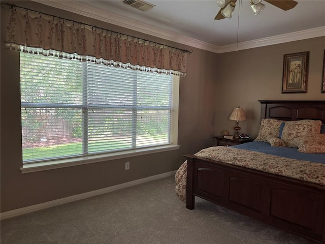 2619 Henley Dr, Round Rock, TX 78681 - bedroom with baseboards, light carpet, ornamental molding, and ceiling fan