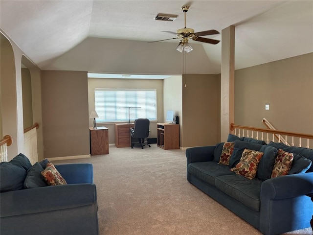 2619 Henley Dr, Round Rock, TX 78681 - living area with a desk, lofted ceiling, ceiling fan, light carpet, and baseboards