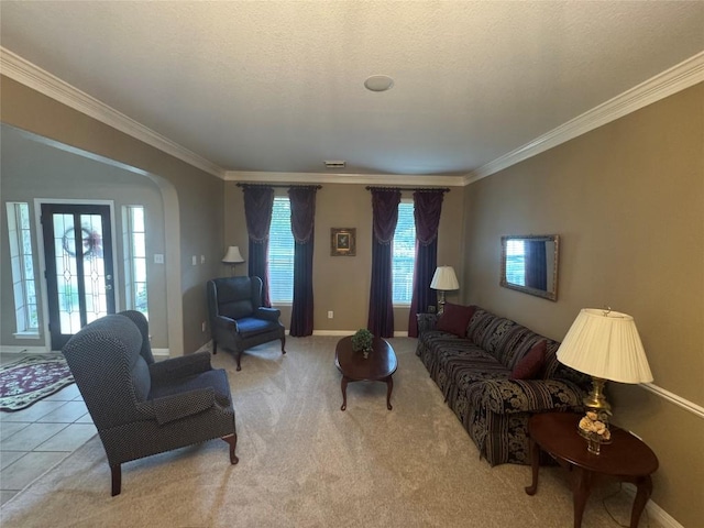 2619 Henley Dr, Round Rock, TX 78681 - carpeted living room with ornamental molding, baseboards, and a textured ceiling
