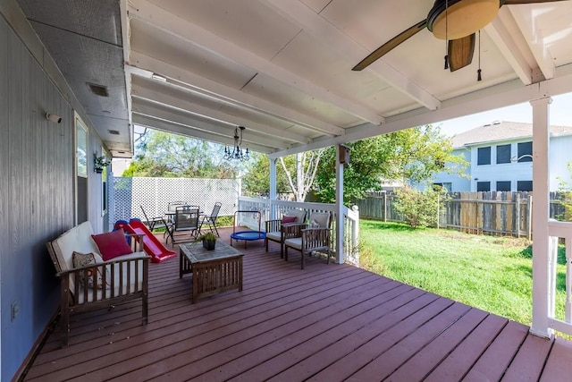 5013 Cleves St, Round Rock, TX 78681 - wooden deck featuring a fenced backyard, a ceiling fan, and outdoor dining area